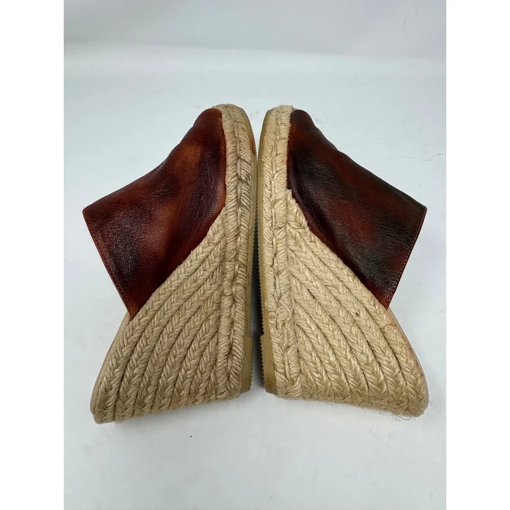 Gaimo Spain Brown Leather Espadrille Wedge Sandals Peep Toe Mules Women 38